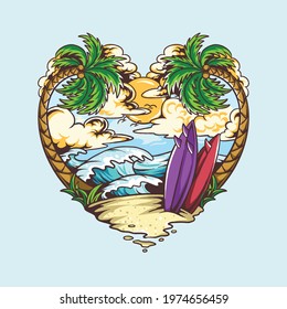 summer heart shape love design which contains beach, coconut trees and surf boards