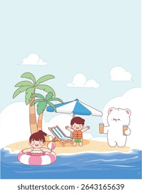 summer, heat, child, child, bear, sea, parasol, palm tree, tube, child, beach, sand beach, cuteness, character,
