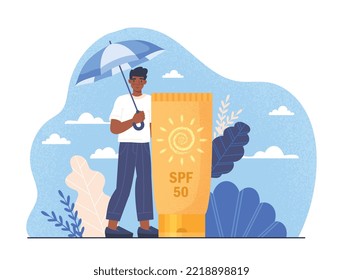 Summer heat concept. Man stands under umbrella next to large sunscreen. Protection from direct sunlight, UV and care for skin and health. Tourist on vacation. Cartoon flat vector illustration