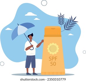 Summer heat concept. Man stands under umbrella next to large sunscreen. Protection from direct sunlight, UV and care for skin and health..flat vector illustration.