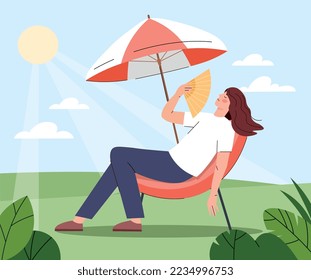 Summer heat concept. Woman with fan lies on hammock under umbrella. Summer season and sun protection. Holidays in tropical and exotic countries. Poster or banner. Cartoon flat vector illustration