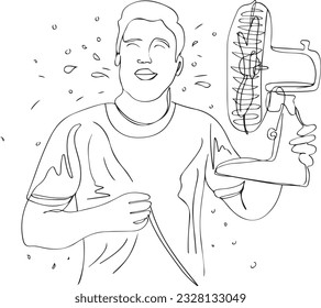 Summer Heat Distress Outline Sketch illustration of Man Holding Fan with Sad Expression, Man feeling hot and holding fan with sad face expression