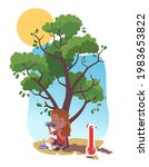 Summer heat. Girl kid sitting hiding under tree shade drinking water from bottle on sunny day. Thirsty person. Thermometer showing summer season hot weather temperature. Flat vector child illustration