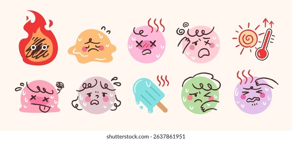 Summer heat icon set. Sweating people, melting ice cream, high temperature thermometer.