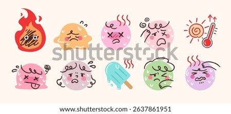 Summer heat icon set. Sweating people, melting ice cream, high temperature thermometer.