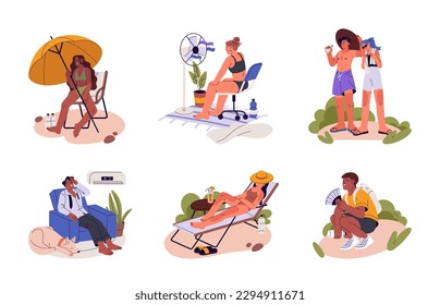 Summer heat. People sweating, suffering from hot weather, heatwave, high temperature. Characters with sunburn, sunstroke, heatstroke set. Flat graphic vector illustrations isolated on white background