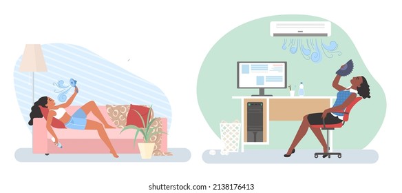 Summer heat. People using air conditioner, fan for cooling office and home, flat vector illustration. People suffering from extremely hot weather.