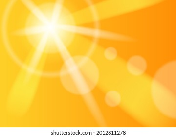 Summer heat - Realistic background. Bright orange coastline sky with sun beams and flares. Vector background of daytime sunny desert sky. Vector illustration