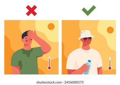 Summer heat stroke. Man suffering from unbearable heat and man properly prepared for hot summer. Flat vector illustration of summer heat wave