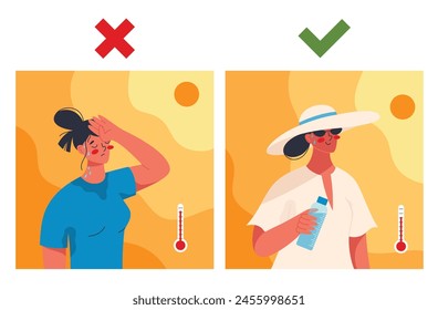 Summer heat stroke. Woman suffering from unbearable heat and woman properly prepared for hot summer. Flat vector illustration of summer heat wave