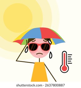 summer heat, sweating girl with umbrella hat on, vector illustration