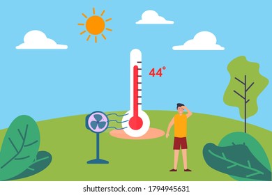 Summer heat vector concept: man cooling himself near the fan at the green hills full of heat