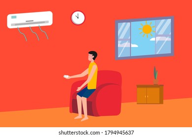 Summer heat vector concept: man cooling himself near the air conditioner in the living room