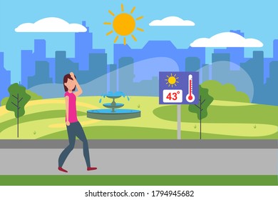 Summer heat vector concept: woman walking at the city park full of heat and sweat