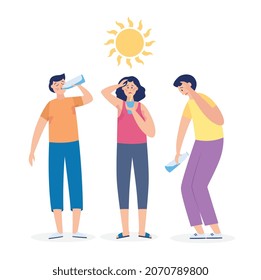 Summer heatstroke risk with cartoon people suffering from heat and taking measures to prevent overheating, flat vector illustration isolated on white background.
