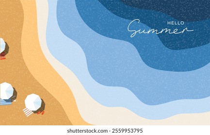 Summer hello, abstract texture background, wallpaper, banner, cover with sunny beach, sea, umbrellas, waves, summer vibes, template, copy space