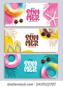 Summer hello banner set design. Hello summer text greeting with beach, tropical and seasonal elements for poster and template collection. Vector illustration summer greeting banner.
