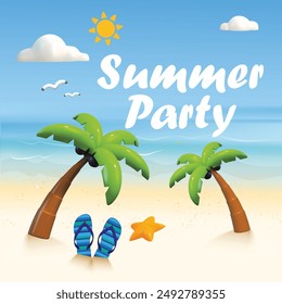 Summer Hello Beach Party Sale Time  Holiday typographic Tropical plants, flower, beach ball, air balloon and sunshade with blue sky  beach umbrella, beach chair, poster flyer design, on cloud and sun