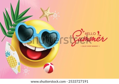 Summer hello emoji vector design. Summer hello greeting text with yellow emoji smiling face wearing sunglasses for holiday season tropical background. Vector illustration summer emoji greeting design.