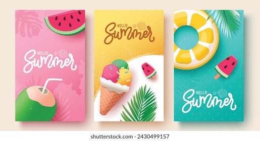 Summer hello greeting text vector poster set. Hello summer greeting with coconut drink, ice cream, floaters and watermelon beach elements for tropical season design. Vector illustration summer time 