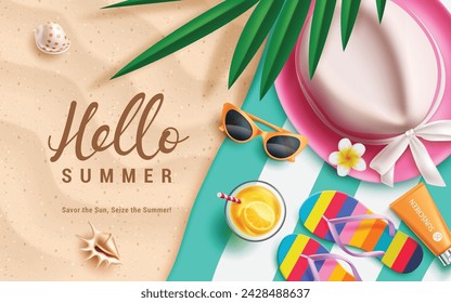 Summer hello greeting vector background. Hello summer greeting text in sand with pink hat, sunglasses, flipflop and sunblock beach elements for outdoor travel background. Vector illustration summer 