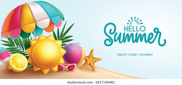 Summer hello greeting vector banner design. Hello summer greeting text with umbrella, sun, beachball and starfish beach elements in seaside background. Vector illustration summer greeting banner. 
