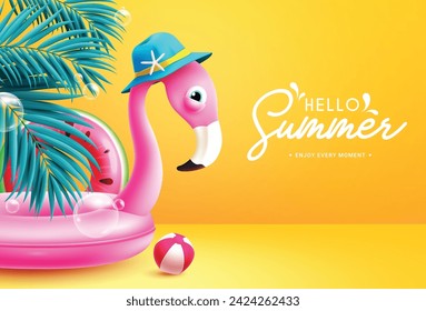 Summer hello greeting vector design. Hello summer text with pink flamingo and watermelon floaters beach elements in yellow background. Vector illustration summer greeting design.
