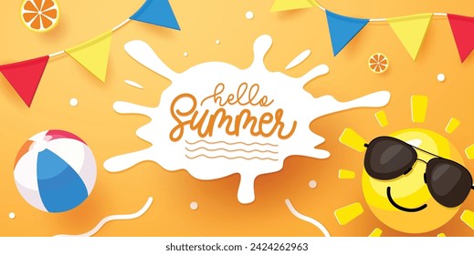 Summer hello greeting vector design. Hello summer greeting with happy face sun, beachball and confetti for tropical season yellow background. Vector illustration summer greeting template.

