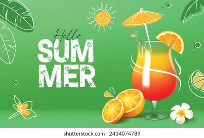 Summer hello greeting vector design. Hello summer text with glass orange drink beverage in green background for season tropical hot refreshment promotion. Vector illustration summer greeting 