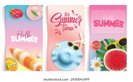 Summer hello greeting vector poster set. Summer time greeting text in pattern space with hat, surfboard, juice drink and sunglasses decoration elements for tropical season banner. Vector illustration 