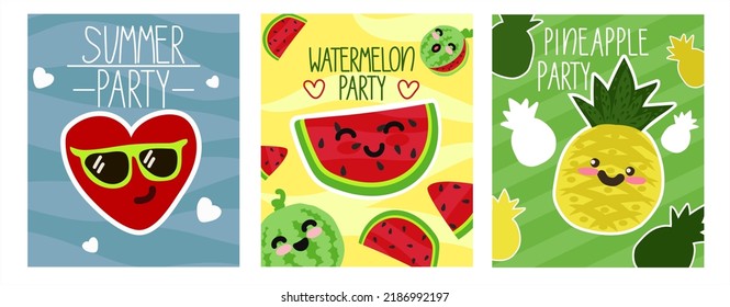 Sommer, Hallo, Herz mit Brille, Ananas, Wassermelone. Eine Reihe von Plakaten für den Urlaub. Flaches und handgezeichnetes Design von Hand. Es kann für Grußkarten und Einladungskarten verwendet werden. Hintergrund, Hintergrund. 