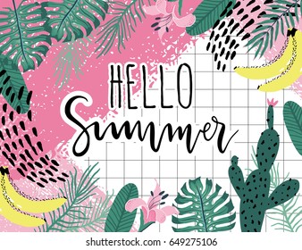 Summer hello Poster with banana, cactus and palm leaves. Vector illustration