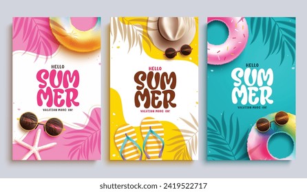 Summer hello poster vector set design. Hello summer text greeting with floaters, hat, flipflop and starfish beach elements for tropical season template collection. Vector illustration summer greeting 