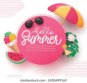 Summer hello text greeting vector template. Hello summer greeting in pink circle space with sunglasses, umbrella, ice cream and watermelon cute decoration elements. Vector illustration summer greeting