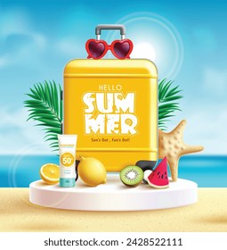 Summer hello text luggage vector design. Hello summer greeting in travel bag luggage, fruits, sunscreen and starfish in podium stage for season tropical product presentation. Vector illustration 