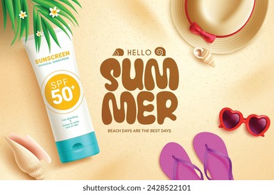 Summer hello text vector background. Hello summer greeting in sand space with sunblock sunscreen, hat, flipflop and sunglasses beach and travel elements. Vector illustration summertime tropical design