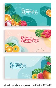 Summer hello text vector banner set. Hello summer greeting text with tropical fruits elements in abstract background lay out collection. Vector illustration summer greeting template. 
