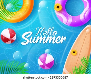Summer hello text vector design. Summer swimming pool with floaters, beach ball and surfboard  floating in blue water. Vector illustration tropical season background.