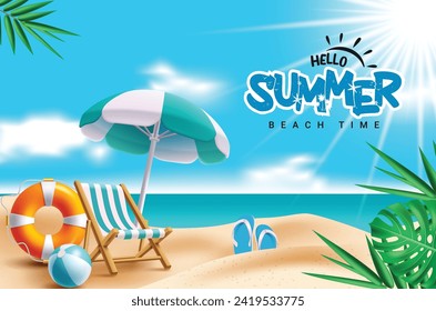 Diseño vectorial de texto de saludo de verano. Hola verano saludo el tiempo de playa de texto con silla, salvavidas, paraguas y elementos de bola de playa en el fondo de la playa. Ilustración del vector saludo de verano 