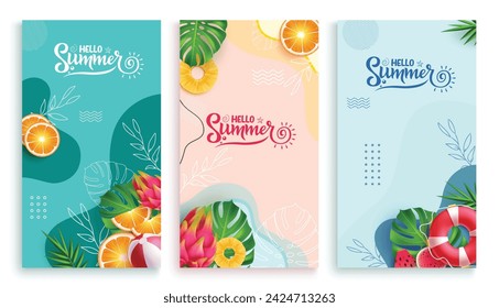 Summer hello text vector poster set. Hello summer greeting text with tropical fruits elements in abstract background collection. Vector illustration summer greeting postcard design.
