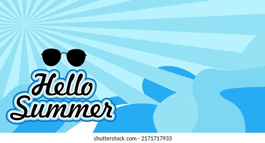 summer hello vector illustration design, illustration of sun rays, ocean waves and protective eyewear. for banners, covers, flyers and more