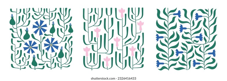 Summer herb foliage banner set. Simple shape of leaves, wild flowers vector illustrations.