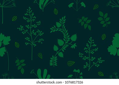 Summer herbs carpet. Seamless pattern with Victorian motifs. Botanical illustration with different floral elements. Vector for textile design, cards, web design.