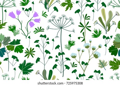 Summer herbs, flowers and branches. Seamless pattern with Victorian motifs. Botanical illustration with different floral elements on white background. Vector for textile design, cards, web design.