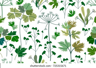 Summer herbs. Seamless pattern with Victorian motifs. Botanical illustration with different floral elements on white background. Vector composition for textile design, cards and web design.