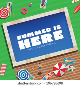 Summer is Here Abstract Vector Background or Card / People Near the Pool on the Green Grass in the Summer Sun