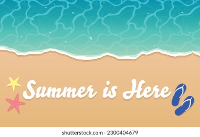 Summer is Here Beach Shore with starfish and slippers top view. Use for summer banner template, greeting card and posters. Hello Summer Beach Travel and Vacation Background