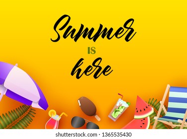 Summer is here bright poster design. Ice cream, watermelon, cocktail, sun umbrella on yellow background. Vector illustration can be used for banners, flyers, greeting cards