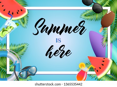 Summer is here bright poster design. Ice cream, diving mask, watermelon, surfboard and text in frame on light blue background. Vector illustration can be used for banners, flyers, greeting cards