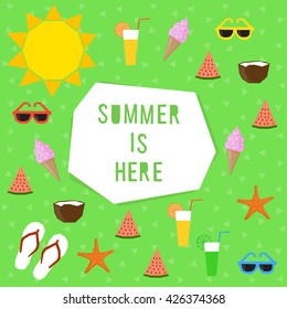 Summer is here card. Summer time, summer rest card. Abstract card template for summer party. Vacation season and summer rest theme card. Summer is here card. Bright funny summer time card template.
